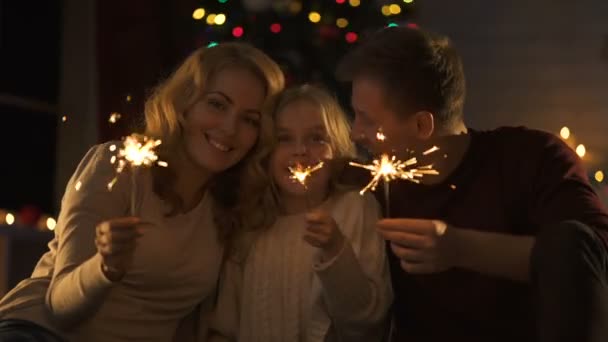 Família Alegre Com Luzes Bengala Olhando Para Câmera Desfrutando Natal — Vídeo de Stock