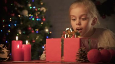 X-Mas heyecanlı kız harika süslemeler ile tabloda mevcut