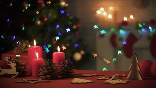 Christmas Decor Table Mas Tree Glowing Colored Lights Blur Effect — Stock Video