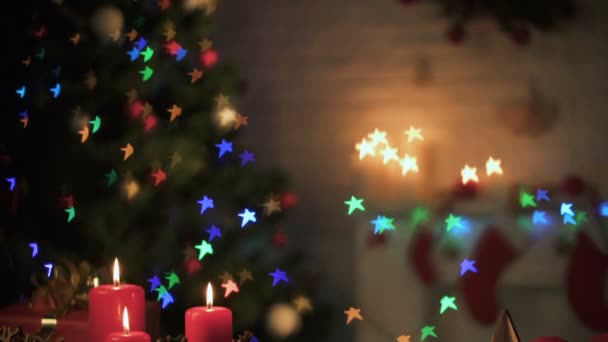 Panorama Vertical Decoraciones Navideñas Luces Brillantes Árbol — Vídeo de stock