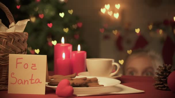 Para nota de Santa na mesa, xícara de cacau e biscoitos de gengibre, menina sorrindo para a câmera — Vídeo de Stock