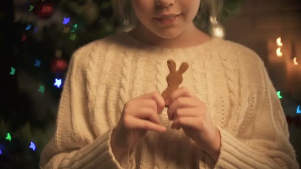 Entzückendes Kind isst traditionelle Weihnachtskekse, geschmückter Baum funkelt — Stockvideo