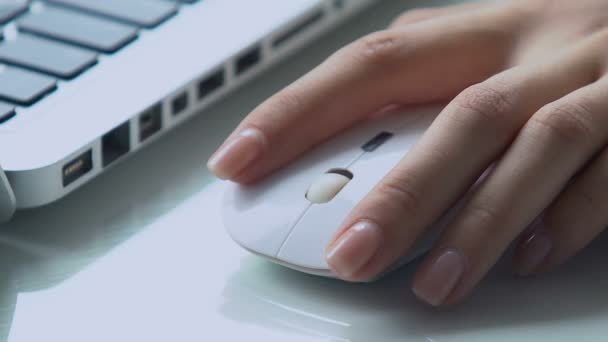 Γυναικείο Χέρι Χρησιμοποιώντας Ασύρματο Υπολογιστή Ποντίκι Στο Γραφείο Γραφείο Επιχειρήσεων — Αρχείο Βίντεο
