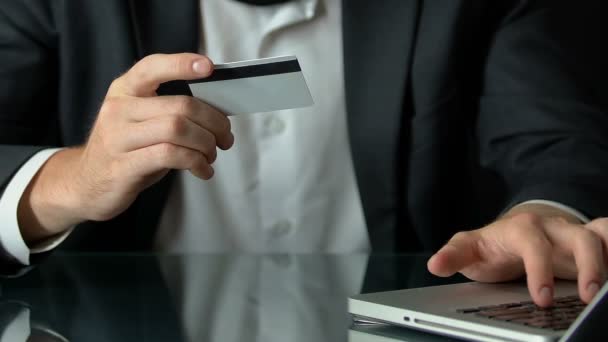 Male Suit Inserting Card Number Laptop Shopping Online Transactions — Stock Video