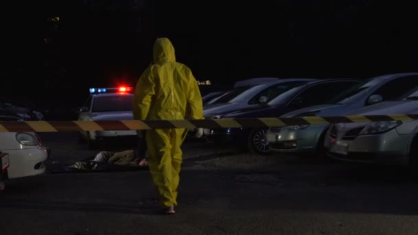 Toxic Poisoning Crime Forensics Expert Protective Suit Walking Victim — Stock Video