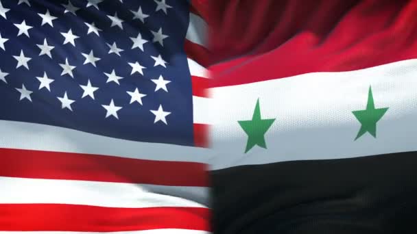 Verenigde Staten Syrië Vlaggen Achtergrond Diplomatieke Economische Betrekkingen — Stockvideo