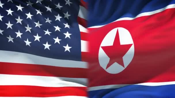 United States North Korea Flags Background Diplomacy Economic Relations — Stock Video