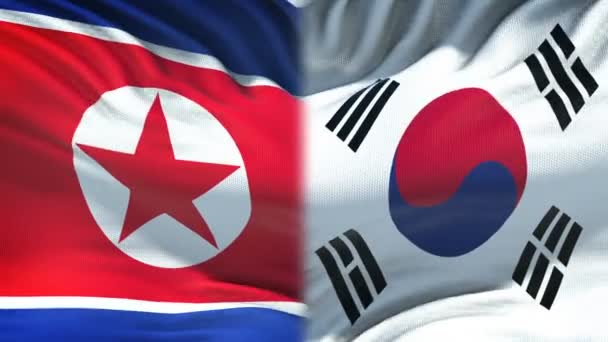 North Korea South Korea Flags Background Diplomatic Economic Relations — Stock Video