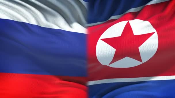 Rusia Corea Del Norte Banderas Antecedentes Relaciones Diplomáticas Económicas — Vídeos de Stock