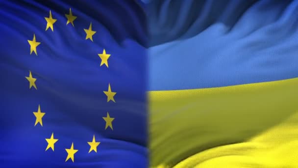 Europeiska Unionen Och Ukraina Flaggor Bakgrund Diplomatiska Och Ekonomiska Förbindelser — Stockvideo