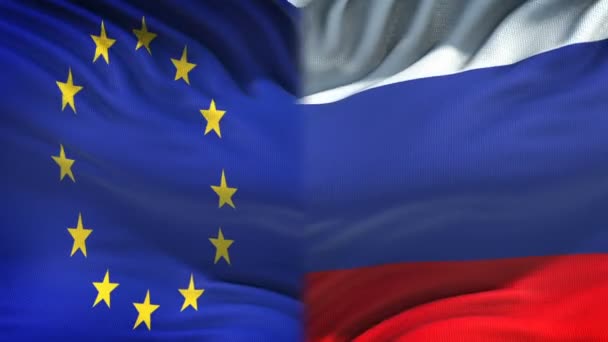 Európai Unió Oroszország Zászlók Háttere Diplomáciai Gazdasági Kapcsolatokat — Stock videók