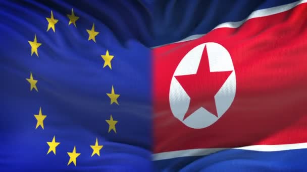 Europese Unie Noord Korea Vlaggen Achtergrond Diplomatie Economische Betrekkingen — Stockvideo