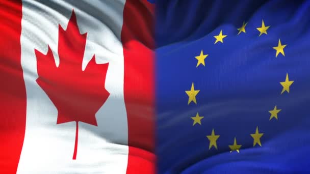 Фон Флагов Канады Европейского Союза Дипломатические Экономические Отношения — стоковое видео