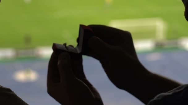 男性剪影提议对女朋友在足球场 爱和关心 — 图库视频影像