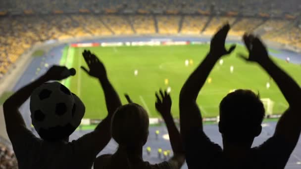 Grupo Fans Animando Por Victoria Del Equipo Fútbol Estadio Lleno — Vídeo de stock