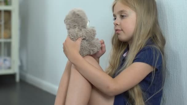 Little Girl Teddy Bear Hands Trying Protect Angry Fathers Belt — Stock Video