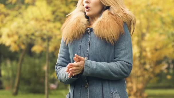 Kobieta Czeka Przyjaciela Jesienny Park Dreszcze Zimna Zacierając Ręce — Wideo stockowe