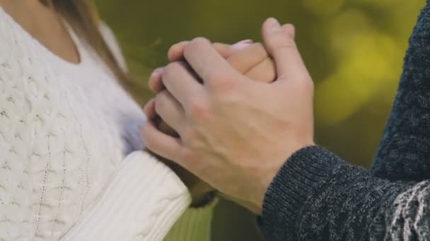 男人温暖女人的手在寒冷的秋日 关怀关系 特写镜头 — 图库视频影像