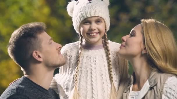 Parents Kissing Happy Daughter Both Cheeks Upbringing Love Child — Stock Video