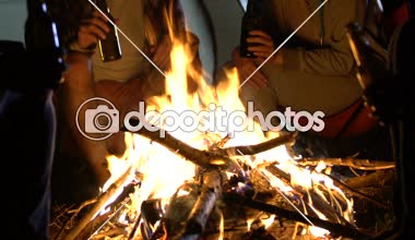 Kamp ateşi oturan ve bira, tatil içme mutlu genç arkadaş grubu