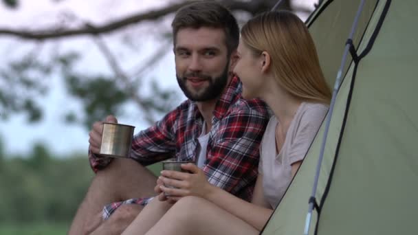 Smiling Couple Sitting Tent Drinking Hot Tea Enjoying Cool View — Stock Video
