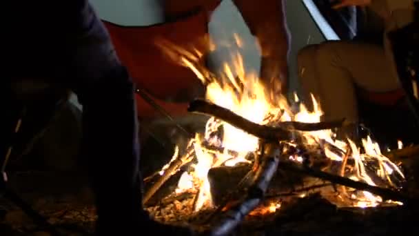 Fröhliche Freunde Die Sich Lagerfeuer Entspannen Und Abends Flaschenbier Trinken — Stockvideo