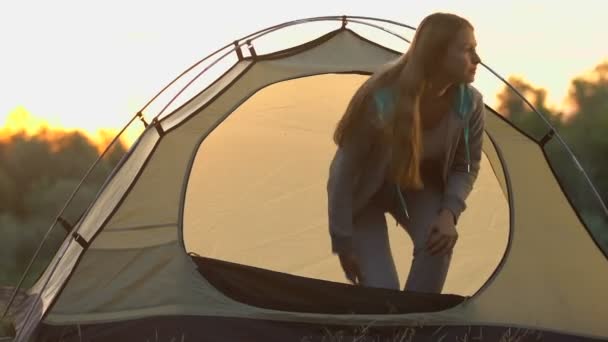 Aantrekkelijke Jonge Vrouw Sportkleding Uitstappen Van Tent Stretching Handen — Stockvideo