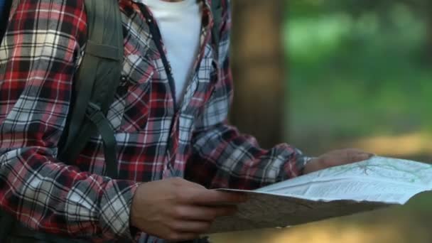 Hombre Excursionista Perdido Bosque Mochilero Mirando Mapa Trekking Bosque — Vídeos de Stock