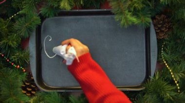 Noel, tepsi, fest kutlama pişirme krem ile kelime yazma kadın