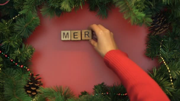 Merry Christmas Female Hand Making Phrase Cubes Festive Mood Traditions — Stock Video