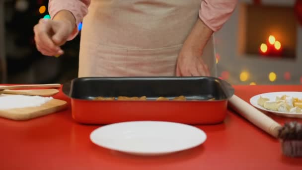 Frau Serviert Traditionelle Weihnachtsplätzchen Auf Teller Lichter Funkeln Baum — Stockvideo