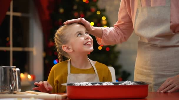 Smiling Girl Secretly Tasting Chocolate Muffin Christmas Preparations Childhood — Stock Video