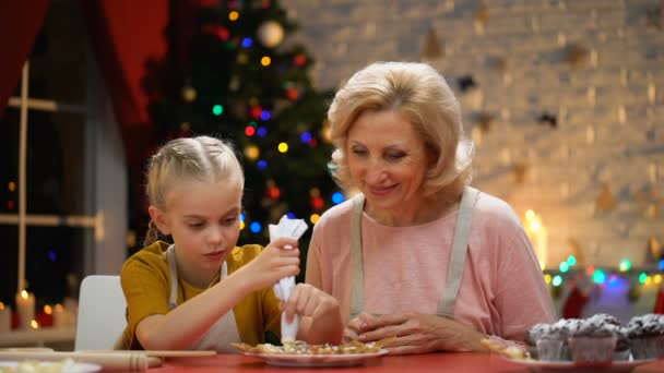 どのように興奮している女の子を探している退職者女性を飾るクリスマス ビスケット 幸せなクリスマスの時期 — ストック動画