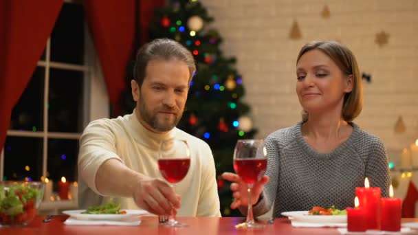 Feliz Esposo Esposa Bebiendo Vino Nochebuena Hombre Abrazando Tiernamente Dama — Vídeo de stock