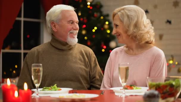 Pareja Jubilada Abrazándose Mirando Cámara Feliz Retrato Familiar Víspera Navidad — Vídeo de stock