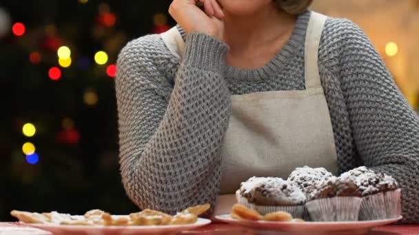 Woman Serves Festive Table Homemade Pastries Posing Camera Closeup — Stock Video