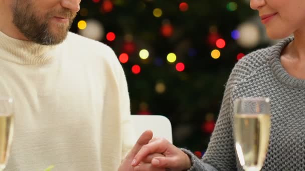 男人温柔地亲吻女人的手 浪漫的约会在圣诞之夜 特写镜头 — 图库视频影像