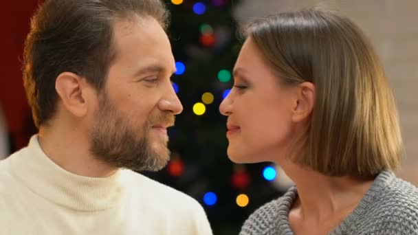 Casamento Feliz Casal Nuzzling Abraçando Desfrutando Noite Natal Mágico — Vídeo de Stock