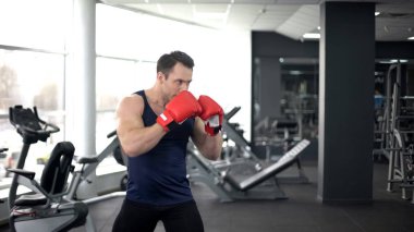 Spor salonunda eğitim, dövüş duruşu, spor ruhu işi eldiven kas boksör