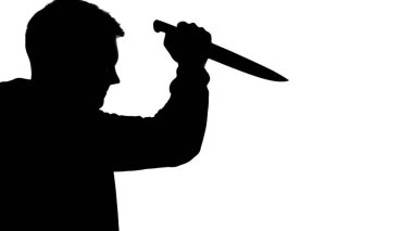 Crazy maniac preparing to kill victim by big knife, scary thriller, Halloween clipart