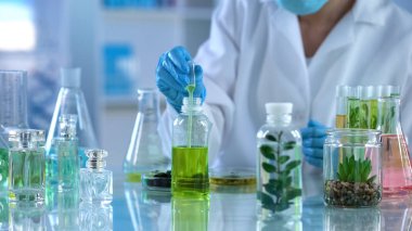 Laboratuar sorumlusu alarak sıvı test etmek için pipet ile çevre geliştirme parfüm.