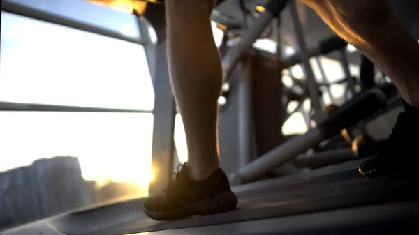 Pernas Esportivas Andando Esteira Treinamento Pôr Sol Após Trabalho Alívio — Fotografia de Stock