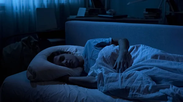 Overworked Cute Male Student Sleeping His Bed Working Day Collage — Stock Photo, Image