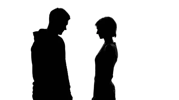 Silhouettes Young Male Female White Background Looking Each Other — Stock Photo, Image