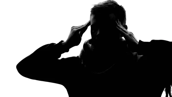 Silhouette Eines Müden Jungen Mannes Mit Chronischen Kopfschmerzen Reiben Der — Stockfoto