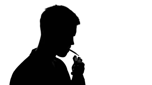 Young Male Silhouette Lighting Cigarette Smoking Unhealthy Addiction Cancer — Stock Photo, Image