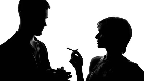 Young Lady Walking Man Lighting Cigarette Flirting Party Acquaintance — Stock Photo, Image