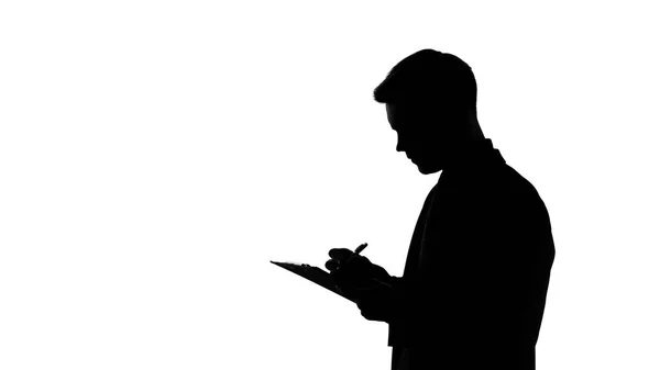 Silhouette Homme Écrivant Des Réponses Dans Feuille Questionnaire Enquêtes Statistiques — Photo