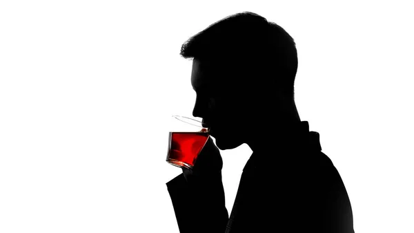 Man Silhouet Drinken Thee Recreatie Werk Balans Herstelt Close — Stockfoto