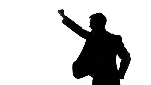 Man Silhouette Raising Fists Celebrating Victory Good Bargain Side View — Stock Photo, Image
